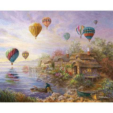 Air Balloons over Cottageville Black Modern Wood Framed Art Print by Boehme, Nicky