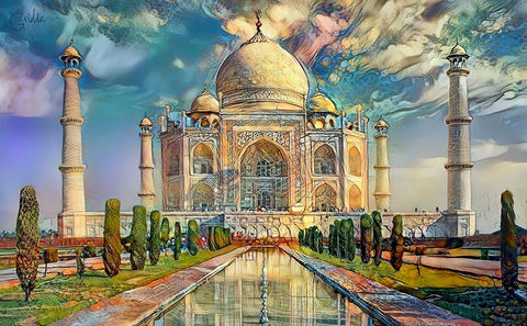 Agra Uttar Pradesh India Taj Mahal Black Ornate Wood Framed Art Print with Double Matting by Gavidia, Pedro