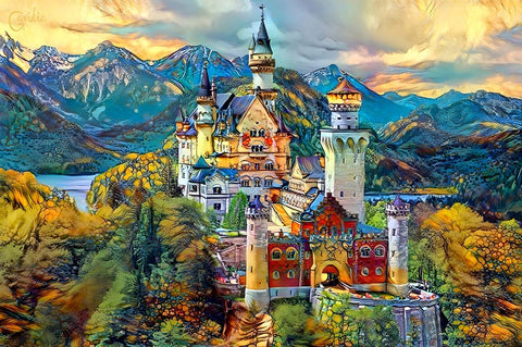 Baviera Fussen Germany Neuschwanstein castle Black Ornate Wood Framed Art Print with Double Matting by Gavidia, Pedro