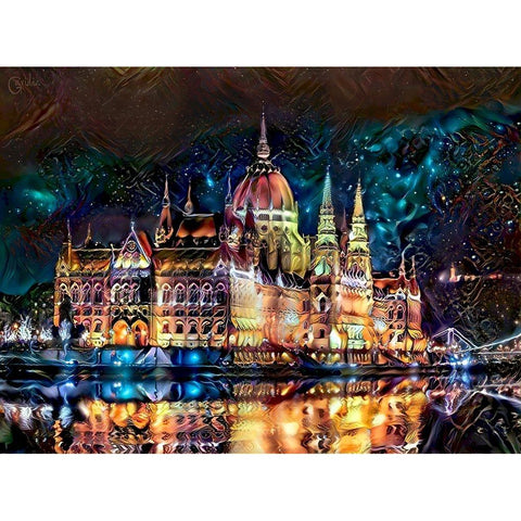 Budapest Hungary Parliament at night White Modern Wood Framed Art Print by Gavidia, Pedro