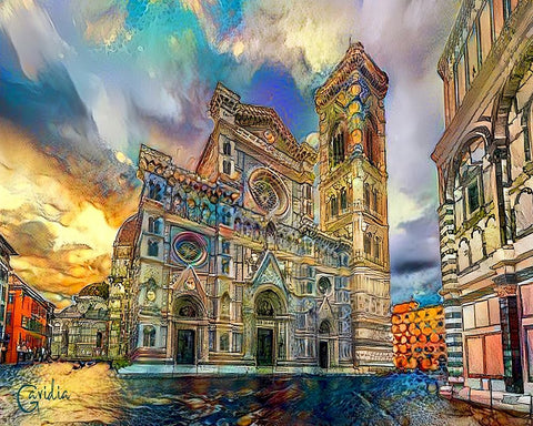 Florence Italy Cathedral of Saint Mary of the Flower Ver3 White Modern Wood Framed Art Print with Double Matting by Gavidia, Pedro