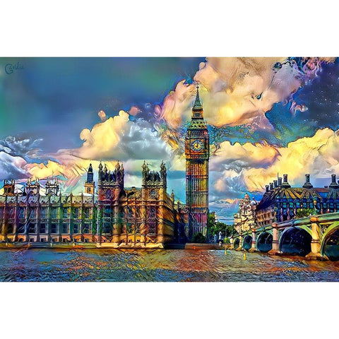 London England Big Ben and Parliament Black Modern Wood Framed Art Print with Double Matting by Gavidia, Pedro