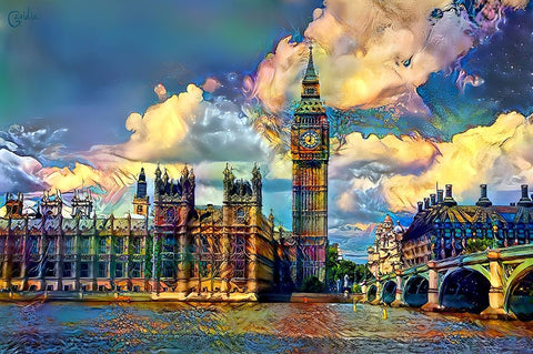 London England Big Ben and Parliament White Modern Wood Framed Art Print with Double Matting by Gavidia, Pedro