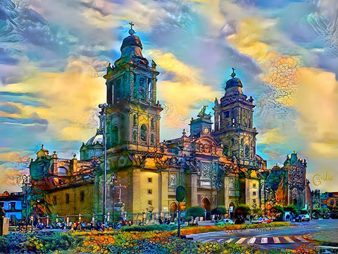 Mexico City Metropolitan Cathedral White Modern Wood Framed Art Print with Double Matting by Gavidia, Pedro