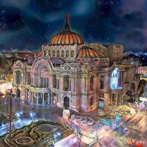 Mexico City Palace of Fine Arts at night Black Modern Wood Framed Art Print with Double Matting by Gavidia, Pedro