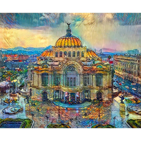 Mexico City Palace of Fine Arts in the rain Black Modern Wood Framed Art Print with Double Matting by Gavidia, Pedro