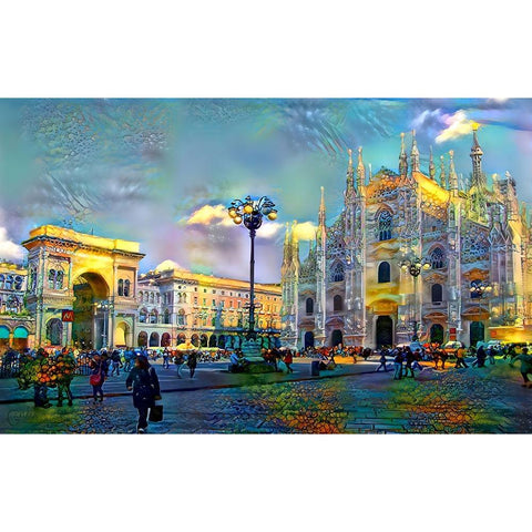 Milan Italy Piazza del Duomo Gold Ornate Wood Framed Art Print with Double Matting by Gavidia, Pedro