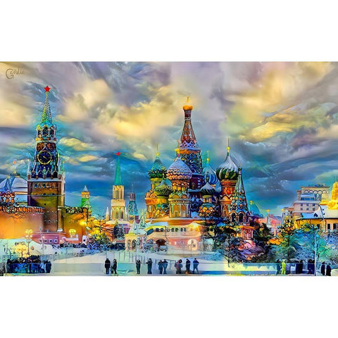 Moscow Russia Saint Basils Cathedral Kremlin Red Square ice snow and skating Black Modern Wood Framed Art Print with Double Matting by Gavidia, Pedro