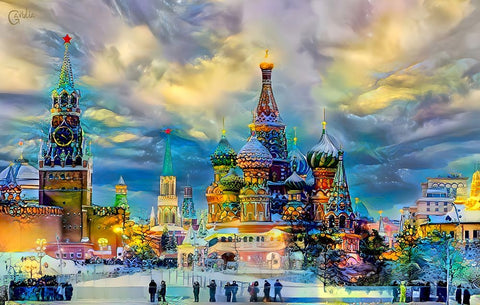 Moscow Russia Saint Basils Cathedral Kremlin Red Square ice snow and skating Black Ornate Wood Framed Art Print with Double Matting by Gavidia, Pedro