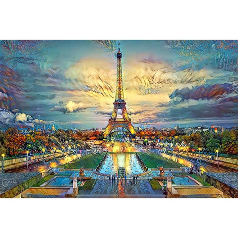 Paris France  Fontaines de Chaillot and Eiffel Tower seen from the Place du Trocadero Black Modern Wood Framed Art Print with Double Matting by Gavidia, Pedro