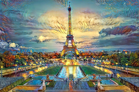 Paris France  Fontaines de Chaillot and Eiffel Tower seen from the Place du Trocadero Black Ornate Wood Framed Art Print with Double Matting by Gavidia, Pedro