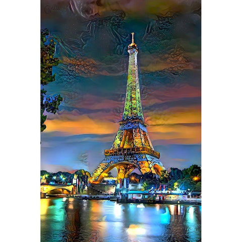 Paris France Eiffel Tower at sunset White Modern Wood Framed Art Print by Gavidia, Pedro