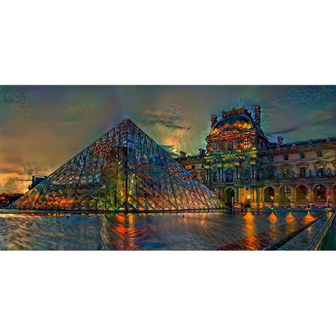 Paris France Louvre Museum at dusk Gold Ornate Wood Framed Art Print with Double Matting by Gavidia, Pedro