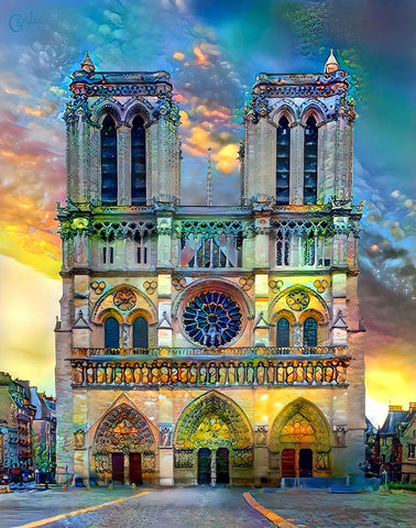 Paris France Notre Dame Cathedral White Modern Wood Framed Art Print with Double Matting by Gavidia, Pedro