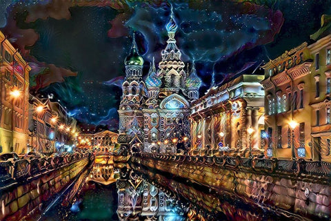Saint Petersburg Russia Church of the Savior on Spilled Blood at night White Modern Wood Framed Art Print with Double Matting by Gavidia, Pedro