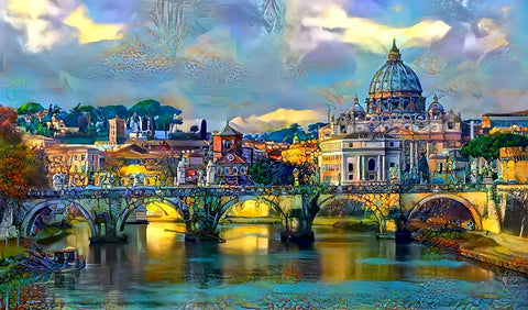 Vatican City Saint Peter Basilica and bridge by day White Modern Wood Framed Art Print with Double Matting by Gavidia, Pedro