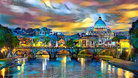 Vatican City Saint Peter Basilica and bridge by night White Modern Wood Framed Art Print with Double Matting by Gavidia, Pedro