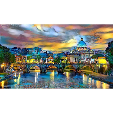 Vatican City Saint Peter Basilica and bridge by night White Modern Wood Framed Art Print by Gavidia, Pedro