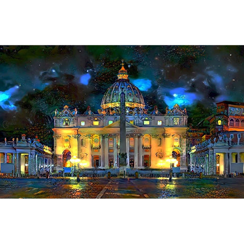 Vatican City Saint Peter Basilica at night White Modern Wood Framed Art Print by Gavidia, Pedro