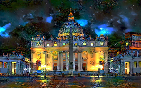 Vatican City Saint Peter Basilica at night White Modern Wood Framed Art Print with Double Matting by Gavidia, Pedro