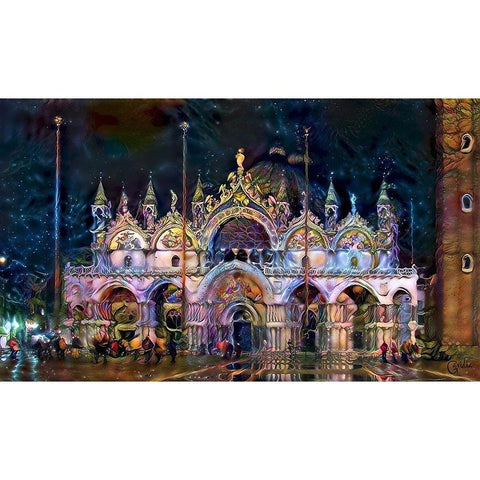 Venice Italy Patriarchal Cathedral Basilica of Saint Mark at night Black Modern Wood Framed Art Print with Double Matting by Gavidia, Pedro