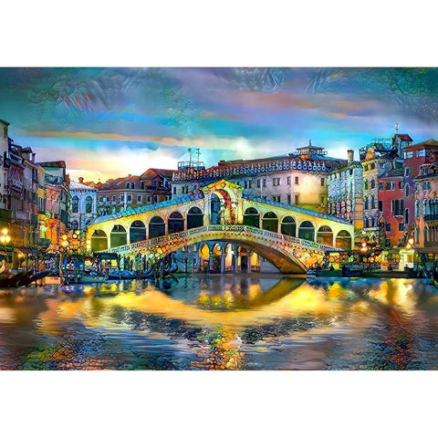 Venice Italy Rialto Bridge at night Black Modern Wood Framed Art Print with Double Matting by Gavidia, Pedro