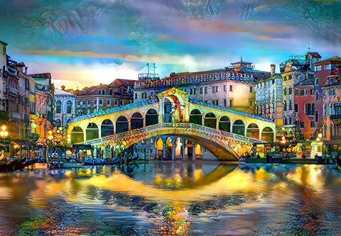 Venice Italy Rialto Bridge at night White Modern Wood Framed Art Print with Double Matting by Gavidia, Pedro