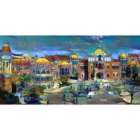 Barcelona Spain Sant Pau Hospital and Palau de la Musica White Modern Wood Framed Art Print by Gavidia, Pedro