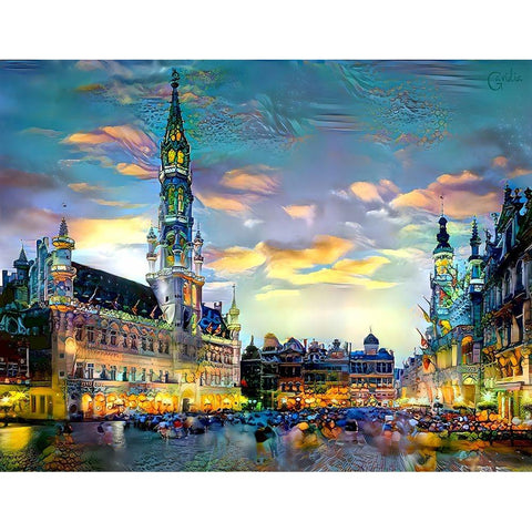 Brussels Belgium Night Black Modern Wood Framed Art Print with Double Matting by Gavidia, Pedro