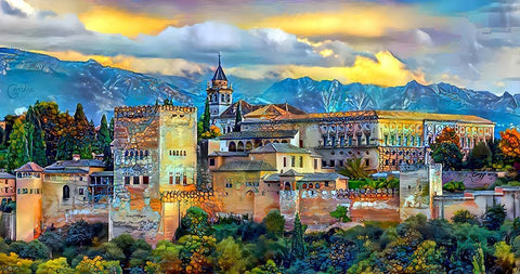 Granada Spain La Alhambra Black Ornate Wood Framed Art Print with Double Matting by Gavidia, Pedro