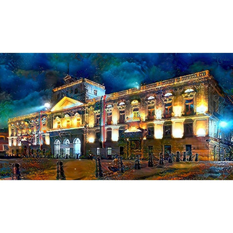 Mexico City Palace of Mines Night Black Modern Wood Framed Art Print with Double Matting by Gavidia, Pedro