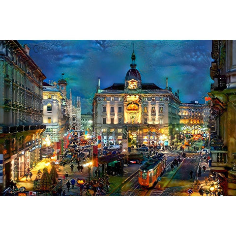 Milan Italy Piazza Cardusio Night Gold Ornate Wood Framed Art Print with Double Matting by Gavidia, Pedro