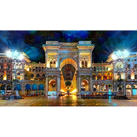 Milan Italy Vitorio Emanuel II Night 2022 White Modern Wood Framed Art Print by Gavidia, Pedro