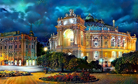 Odessa Ukraine Opera and Ballet Theater Night Black Ornate Wood Framed Art Print with Double Matting by Gavidia, Pedro