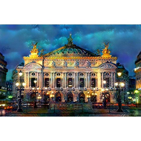 Paris France Opera Garnier Night Gold Ornate Wood Framed Art Print with Double Matting by Gavidia, Pedro