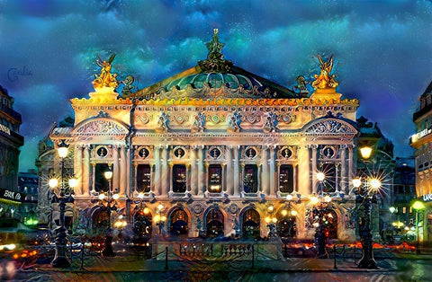 Paris France Opera Garnier Night Black Ornate Wood Framed Art Print with Double Matting by Gavidia, Pedro