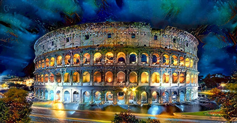 Rome Italy Coliseo Night 2022 White Modern Wood Framed Art Print with Double Matting by Gavidia, Pedro