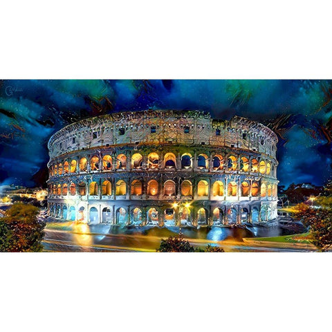 Rome Italy Coliseo Night 2022 White Modern Wood Framed Art Print by Gavidia, Pedro