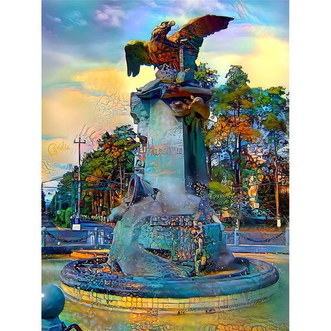 Toluca Mexio Fountain Eagle-Firmado Gold Ornate Wood Framed Art Print with Double Matting by Gavidia, Pedro