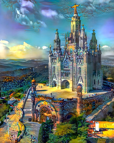 Barcelona Spain Tibidabo Church White Modern Wood Framed Art Print with Double Matting by Gavidia, Pedro