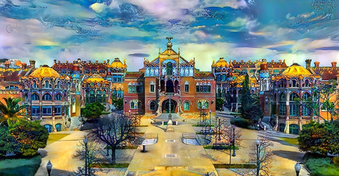 Barcelona Spain Sant Pau Hospital and Palau de la Musica Center White Modern Wood Framed Art Print with Double Matting by Gavidia, Pedro