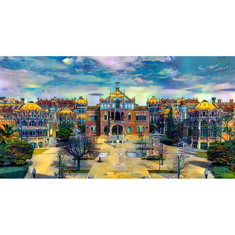 Barcelona Spain Sant Pau Hospital and Palau de la Musica Center Black Modern Wood Framed Art Print with Double Matting by Gavidia, Pedro