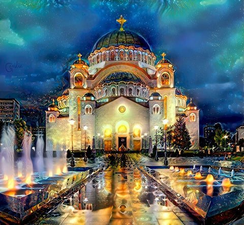 Belgrade Serbia Saint Sava Temple White Modern Wood Framed Art Print with Double Matting by Gavidia, Pedro