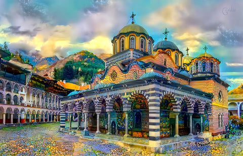 Bulgaria Rila Monastery Black Ornate Wood Framed Art Print with Double Matting by Gavidia, Pedro