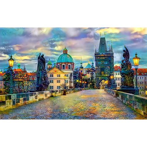 Prague Czech Republic Charles Bridge White Modern Wood Framed Art Print by Gavidia, Pedro