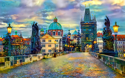 Prague Czech Republic Charles Bridge White Modern Wood Framed Art Print with Double Matting by Gavidia, Pedro