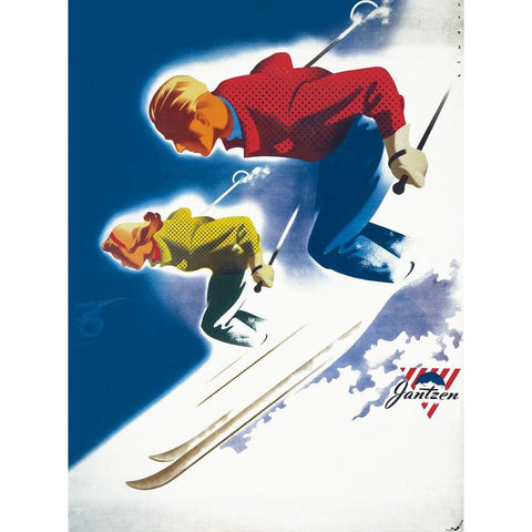 Jantzen by Binder Man and Women, Ski 1947 Gold Ornate Wood Framed Art Print with Double Matting by Print Collection