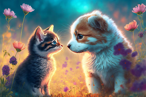 Cats And Dogs 5 White Modern Wood Framed Art Print with Double Matting by Heere, Ray