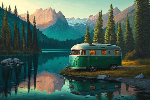 Camper On The Lake 2 Black Modern Wood Framed Art Print by Heere, Ray