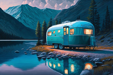 Camper On The Lake 3 Black Modern Wood Framed Art Print by Heere, Ray